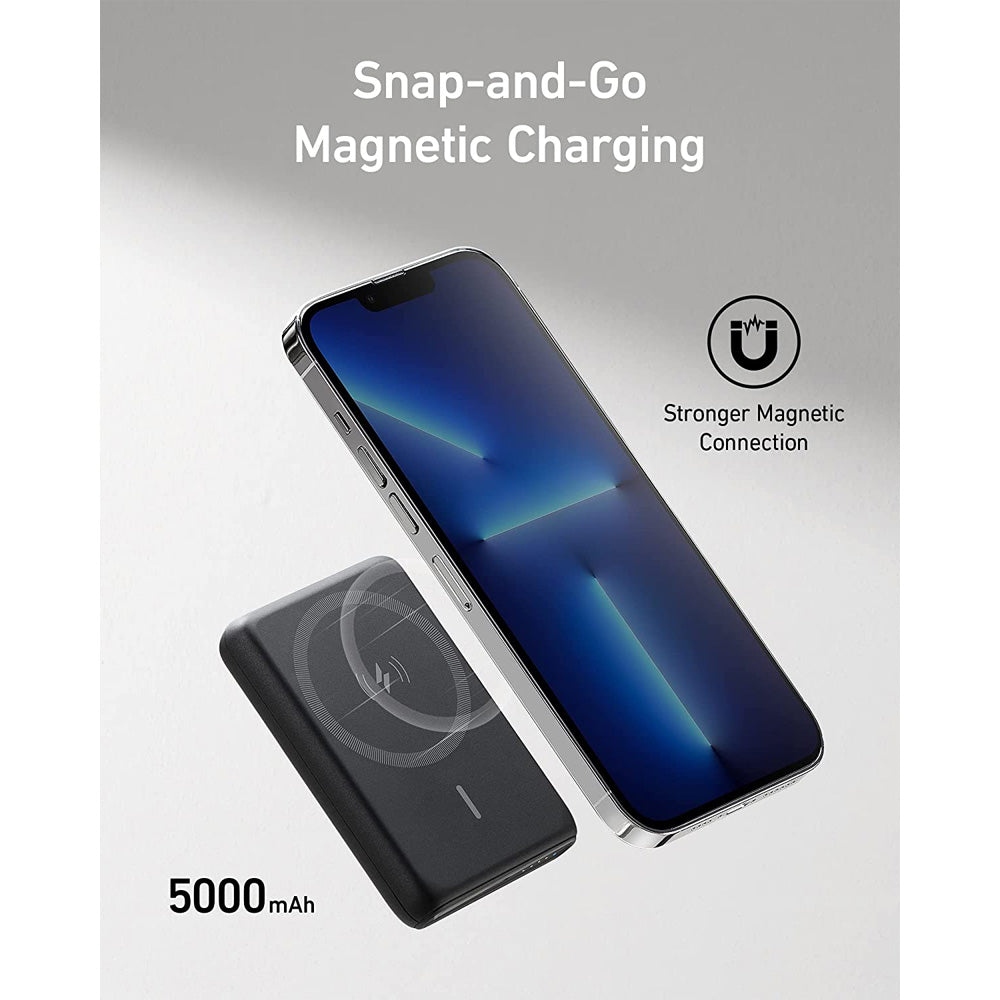 (Pre-Owned, Good) Anker Magnetic Wireless Portable Charger, PowerCore Magnetic 5K Wireless 5,000mAh Power Bank with USB-C Cable, (With Power Delivery ) (Black) (60 Days Warranty)