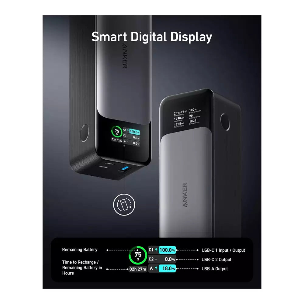 (Open Box Condition) Anker 737 PowerCore 24K Power Bank, 24,000mAh 3-Port Portable Charger with 140W Output, Smart Color LCD Display (Gray) (90 Days Warranty)
