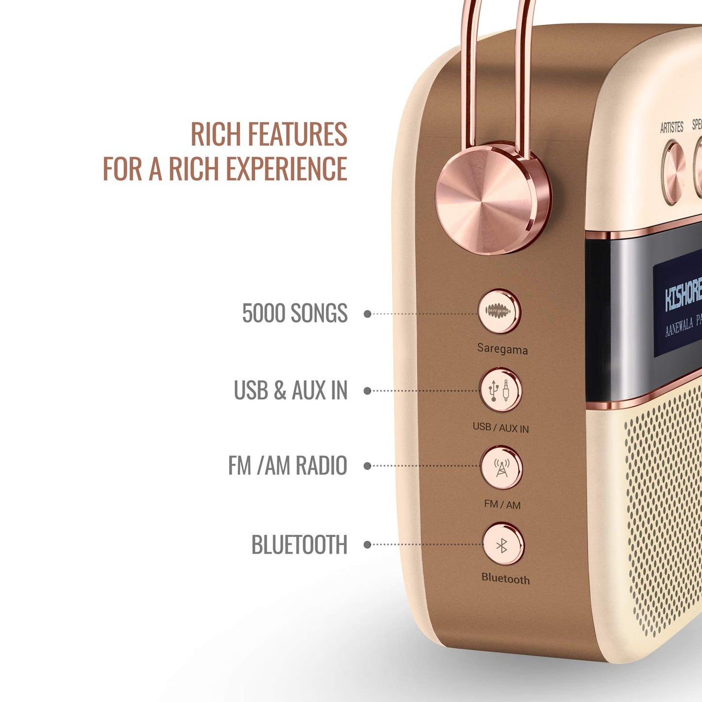 (Open Box) Saregama Carvaan 2.0 (Sound by Harman/Kardon) with 5000 Preloaded Hindi Songs and Podcast, FM/BT/AUX (Rose Gold) (3 Months Warranty)