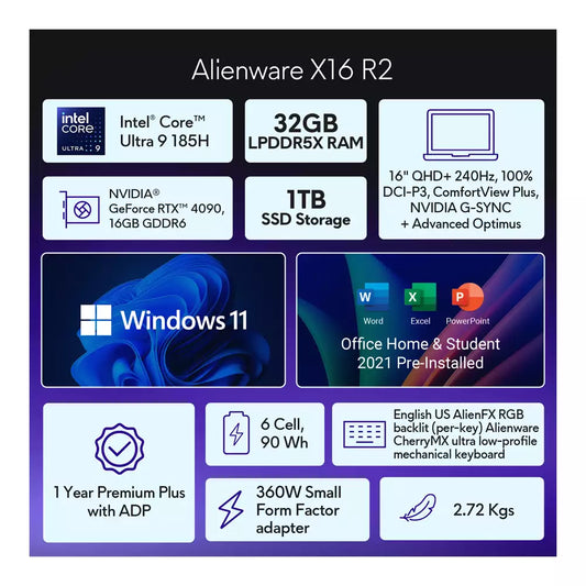 (Pre-Owned, Very Good) Dell Alienware X16 R2 Gaming Laptop With 16GB RTX 4090 Graphics, Intel Core Ultra 9 185H, 240Hz QHD+ Display (32GB RAM, 1TB SSD) (Silver) (120 Days Warranty)