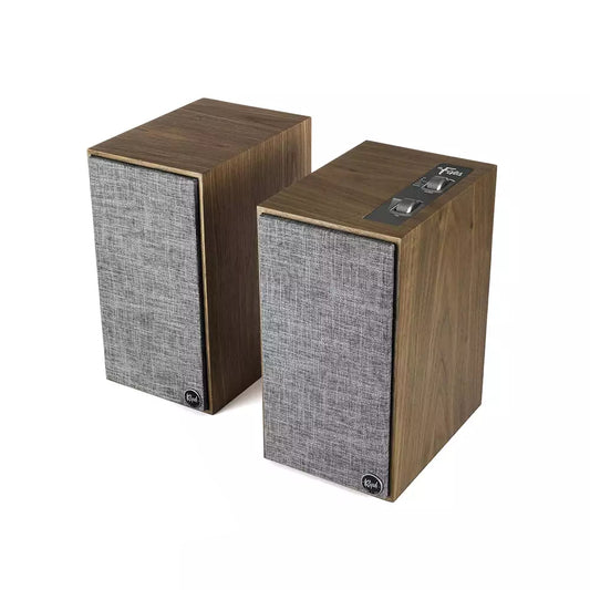 (Open Box Condition) Klipsch Fives Powered Bookshelf Speakers, Acoustic Horn-Loaded Technology (HDMI ARC, Bluetooth, Hi-Res Support) (Walnut) (120 Days Warranty)