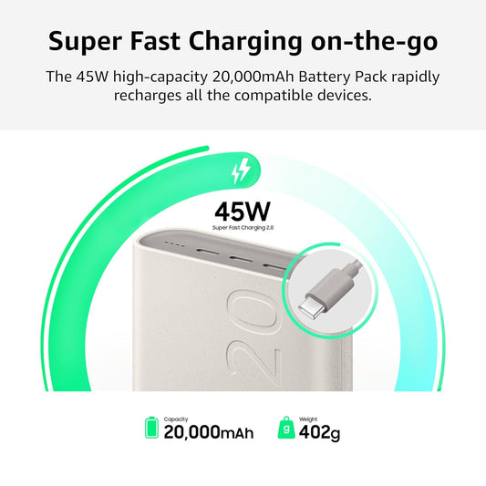 (Pre-Owned, Very Good) Samsung Galaxy 20000mAh Power Bank With 45W Super Fast Charging (Beige) (90 Days Warranty)