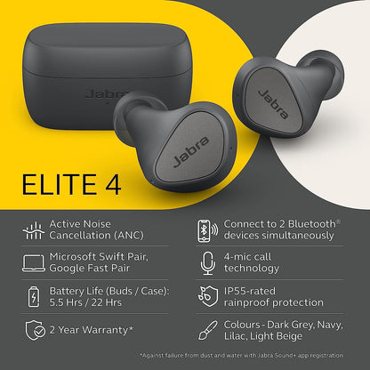(Pre-Owned, Very Good) Jabra Elite 4 In-Ear Bluetooth True Wireless Ear Buds with Secure Fit, 4 Built-in Microphones, Active Noise Cancellation and Adjustable HearThrough Technology (60 Days Warranty)