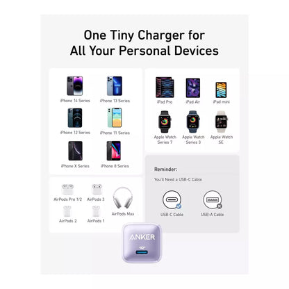 (Pre-Owned, Very Good) Anker Nano 20W Charger Charger For iPhones, Smartch Watch and Other Smartphones, Power Delivery Standard (White) + USB-C to C Cable. (60 Days Warranty)