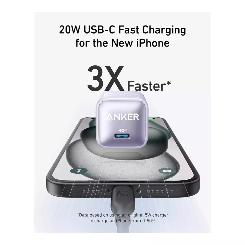 (Pre-Owned, Very Good) Anker Nano 20W Charger Charger For iPhones, Smartch Watch and Other Smartphones, Power Delivery Standard (White) + USB-C to C Cable. (60 Days Warranty)