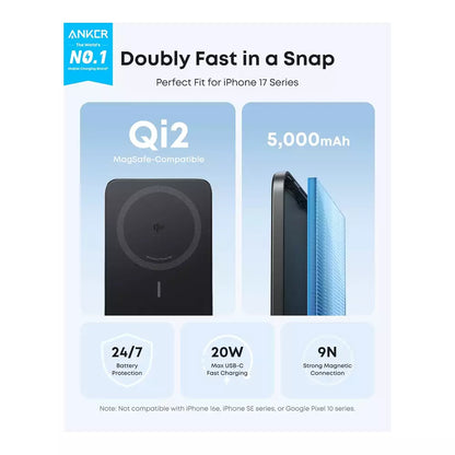 (Pre-Owned, Very Good) Anker Nano Qi2 Certified Magsafe External Battery 15W Magnetic Ultra-Thin 5000mAh (Black) (90 Days Warranty) (Imported!)