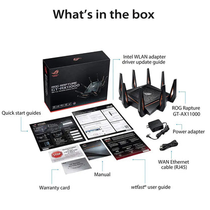 (Open Box) ASUS GT-AX11000 Mbps ROG Rapture Router (Black) Tri-Band WiFi 6 Gaming WiFi Router 10 Gigabit with a Quad-core CPU, FS Band, wtfast, AiMesh WiFi System, Adaptive QoS and Free Network Security (Black) (12 Months Warranty)
