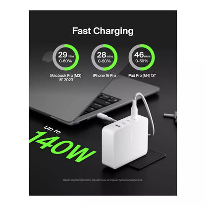 (Open Box) Belkin 140W 4-Port GaN Wall Charger, USB-C PD Fast Charge (White) (12 Months Warranty)