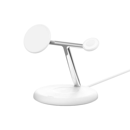 (Open Box) Belkin BoostCharge PRO 3-in-1 Qi2 15W Wireless Charger Stand MagSafe (With Belkin 36W PD Adapter and Cable) (White) (6 Months Warranty)