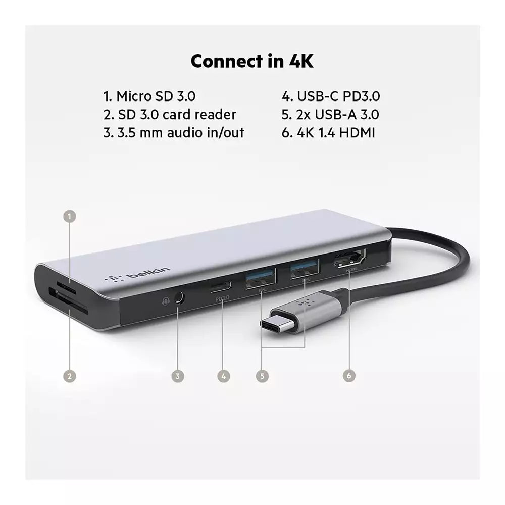 (Pre-Owned, Very Good) Belkin USB C Hub, 7-in-1 MultiPort Adapter Dock with 4K HDMI, USB-C 100W PD Pass-Through Charging, 2 x USB A, 3.5mm Audio, SD 3.0 Slot and Micro SD 3.0 for MacBook Pro, Air, iPhone 15 Series, iPad Pro, XPS and More(Gray)