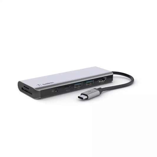 (Open Box) Belkin USB C Hub, 7-in-1 MultiPort Adapter Dock with 4K HDMI, USB-C 100W PD Pass-Through Charging, 2 x USB A, 3.5mm Audio, SD 3.0 Slot and Micro SD 3.0 for MacBook Pro, Air, iPhone 15 Series, iPad Pro, XPS and More (Model: AVC009) (Gray)