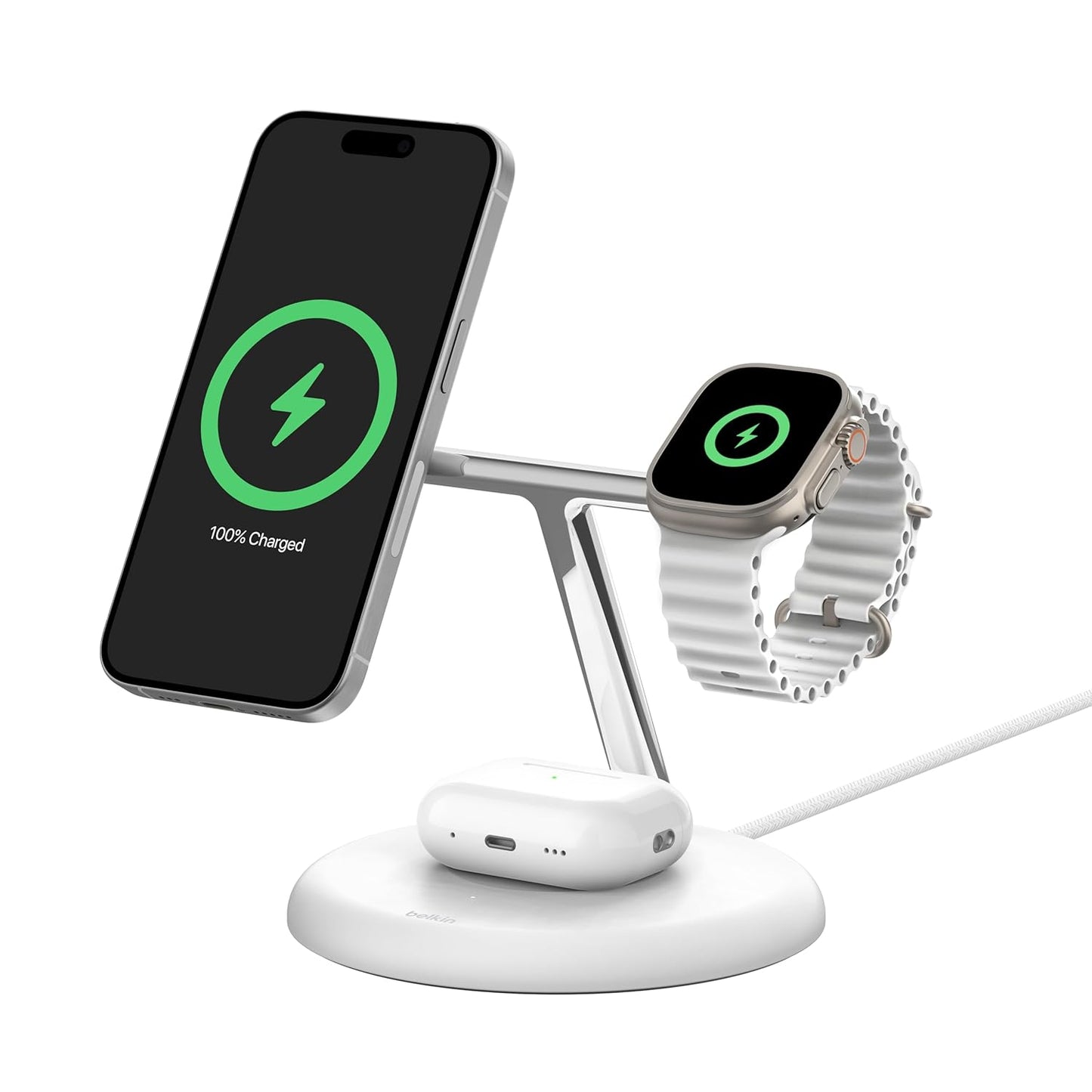 (Open Box) Belkin BoostCharge PRO 3-in-1 Qi2 15W Wireless Charger Stand MagSafe (With Belkin 36W PD Adapter and Cable) (White) (6 Months Warranty)
