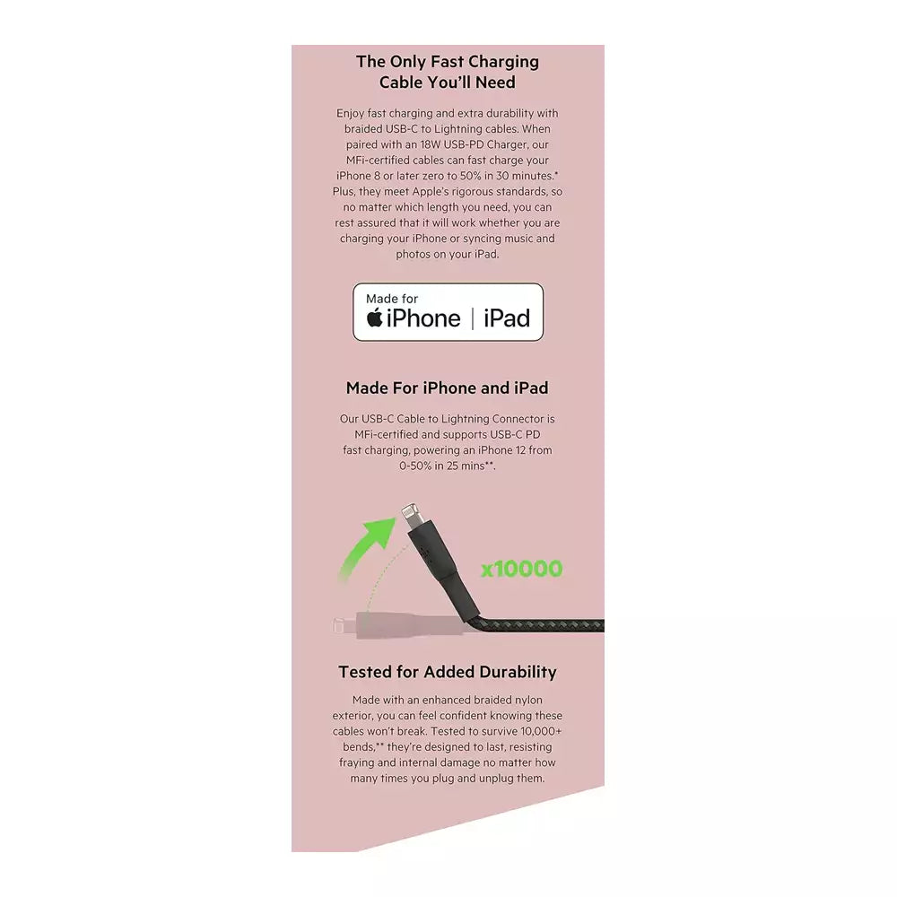 (Open Box) Belkin USB-C to Lightning Fast Charge USB Cable (Apple Certified) (Braided) (White)