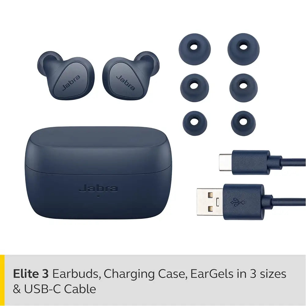 (Open Box) Jabra Elite 3 in Ear Wireless Bluetooth Earbuds – Noise Isolating with 4 Built-in Microphones for Clear Calls, Rich Bass, Customizable Sound & Mono Mode (Navy) (60 Days Warranty)