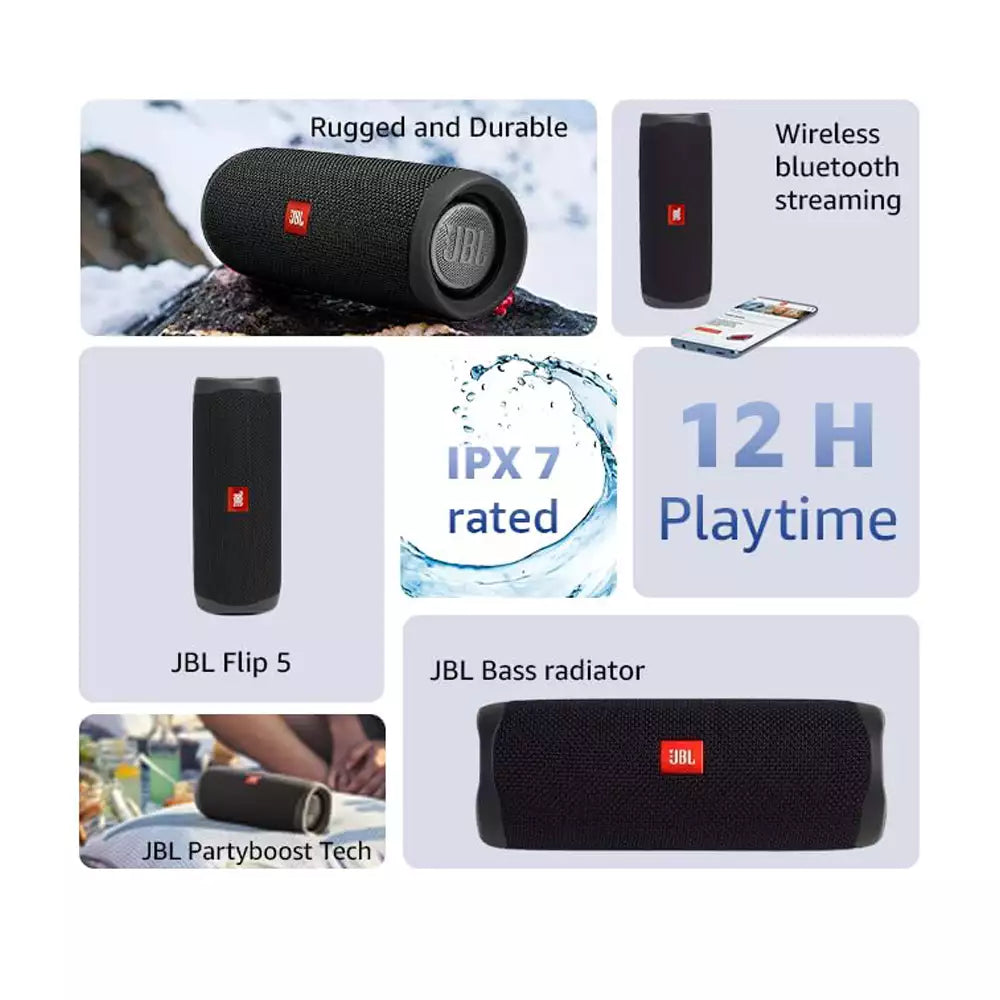 (Pre-Owned, Very Good) JBL Flip 5 Wireless Bluetooth Speaker, Signature Sound with Powerful Bass Radiator (Black, Blue) (60 Days Warranty)