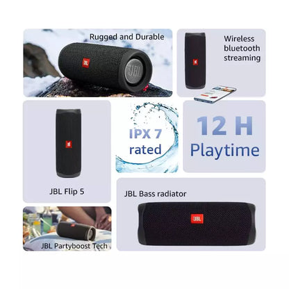 (Pre-Owned, Very Good) JBL Flip 5 Wireless Bluetooth Speaker, Signature Sound with Powerful Bass Radiator (Black, Blue) (60 Days Warranty)