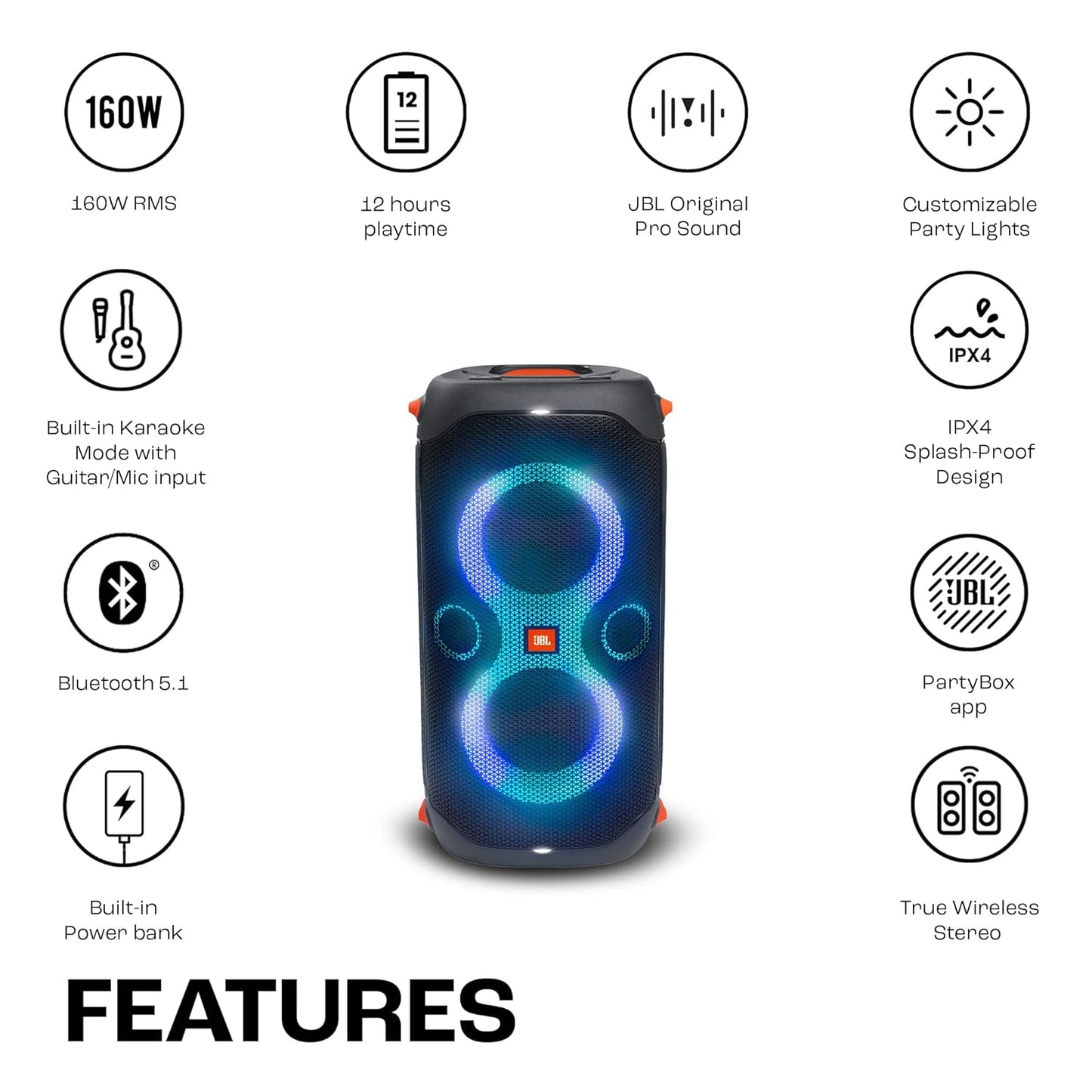 (Open Box) JBL PartyBox 110 160 Watts Bluetooth Party Speaker (Black) (11 Months Warranty)