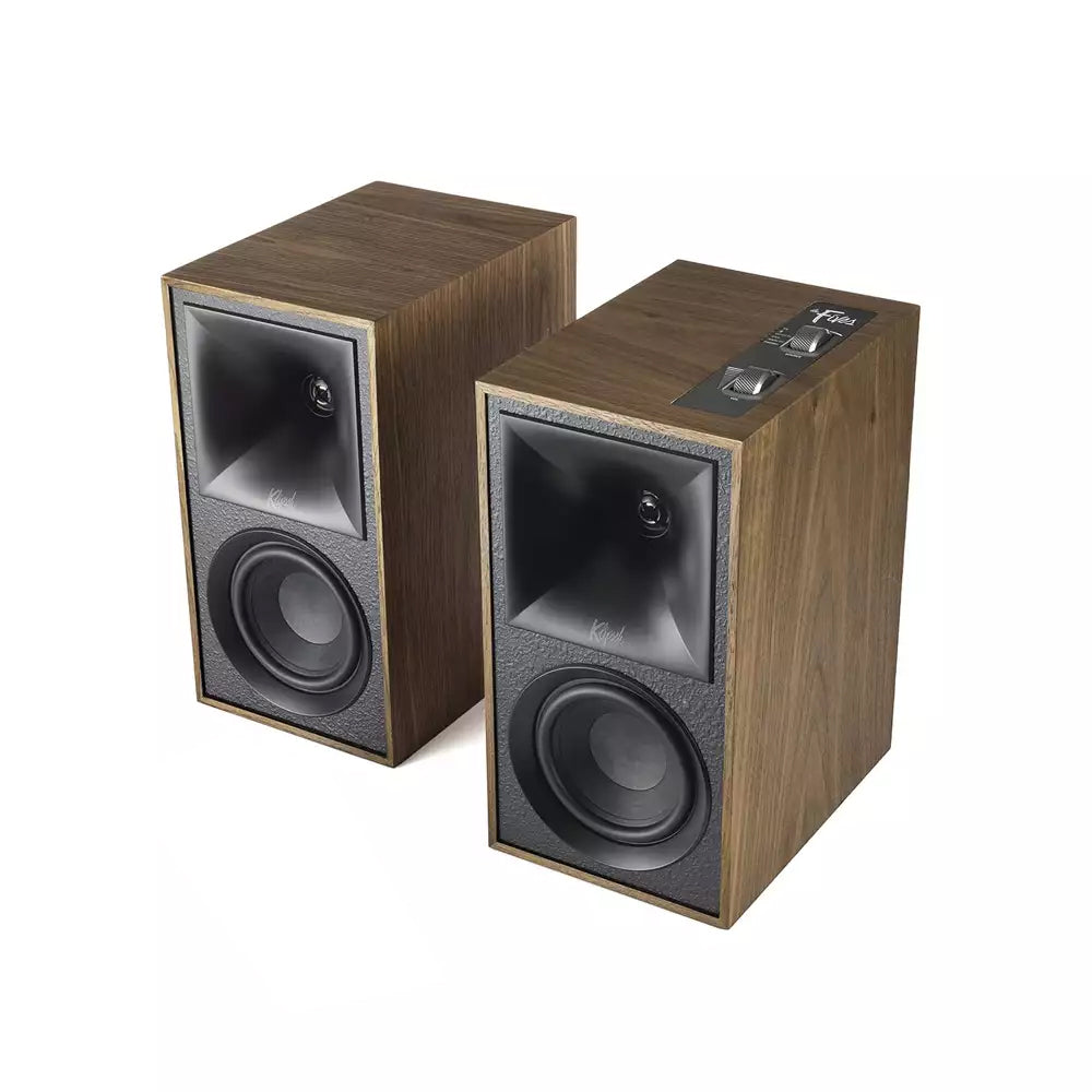 (Open Box Condition) Klipsch Fives Powered Bookshelf Speakers, Acoustic Horn-Loaded Technology (HDMI ARC, Bluetooth, Hi-Res Support) (Walnut) (120 Days Warranty)
