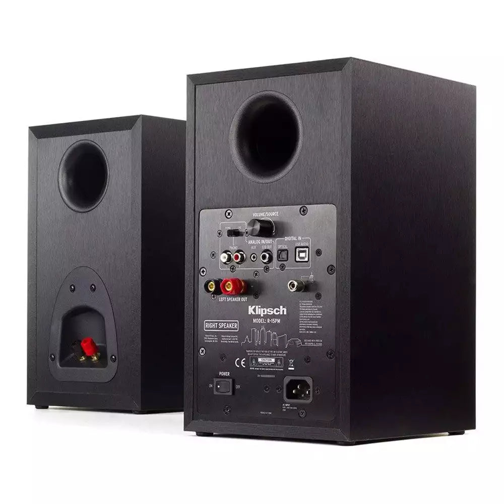 (Pre-Owned) Klipsch R-15PM Powered Bookshelf Speakers with Bluetooth, Klipsch Horn-Loaded Technology (Pair) (Black) (90 Days Warranty)