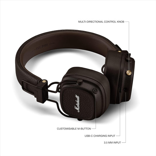 (Pre-Owned, Good) Marshall Major V (Major 5) Wireless Bluetooth Headphones (Brown) (60 Days Warranty)