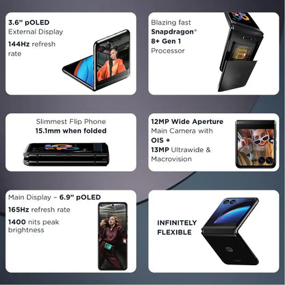 (Pre-Owned) Motorola razr 40 Ultra (8GB RAM, 256GB Storage) | 3.6" External AMOLED Display | 6.9" AMOLED 165Hz Display | 32MP Selfie Camera |30W TurboPower Charging | Android 13 (Infinite Black)