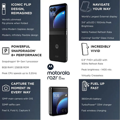 (Pre-Owned) Motorola razr 40 Ultra (8GB RAM, 256GB Storage) | 3.6" External AMOLED Display | 6.9" AMOLED 165Hz Display | 32MP Selfie Camera |30W TurboPower Charging | Android 13 (Infinite Black)
