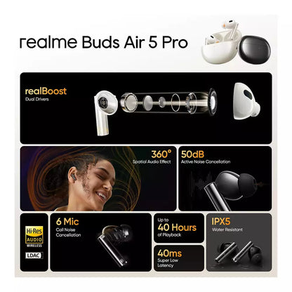 (Pre-Owned, Very Good) Realme Buds Air 5 Pro Truly Wireless in-Ear Earbuds with 50dB ANC, Dual Coaxial Drivers, 360° Spatial Audio Effect, LDAC HD Audio, Upto 40Hrs Battery (Biege) (60 Days Warranty)