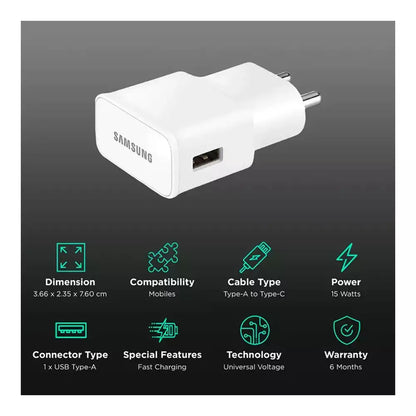 (Pre-Owned, Very Good) Samsung 15W Adaptive Fast Charging USB-A Power Adapter + 1M USB-C and 1M Micro-USB Cable Combo (White) (60 Days Warranty)
