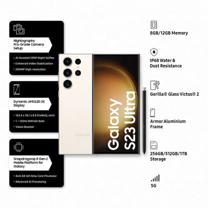 (Pre-Owned, Very Good) Samsung Galaxy S23 Ultra 5G With 200MP Camera, 100X Space Zoom (12GB, 256GB Storage) (Phantom Black, Biege) (60 Days Warranty)