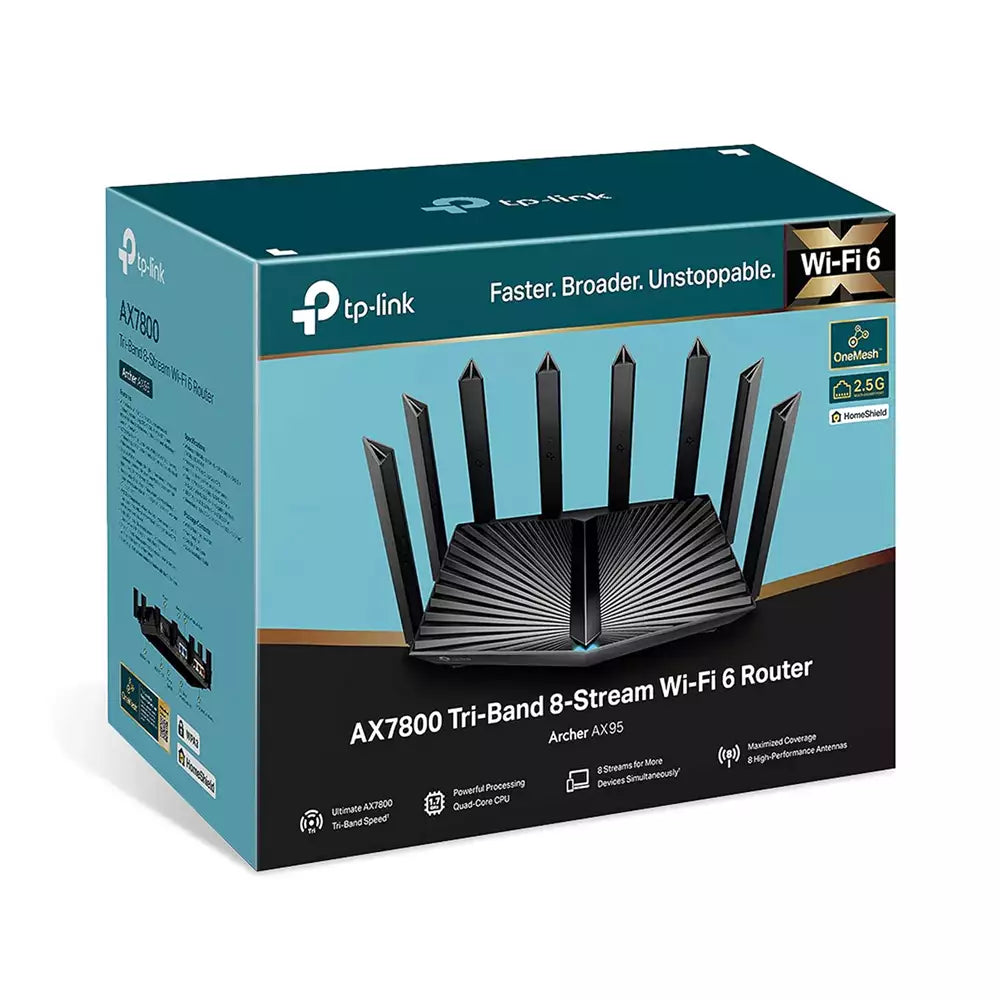 (Open Box Condition) TP-Link AX7800 Tri-Band Gigabit 8-Stream Wi-Fi 6 Router, 7800 Mbps, 1×2.5 Gbps+4×1 Gbps Ports, 1.7 GHz Quad-Core CPU, USB 3.0+2.0 (Black) (12 Months Warranty)