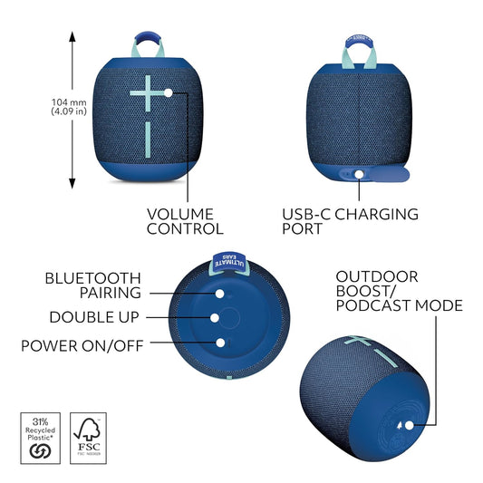 (Open Box) Ultimate Ears WONDERBOOM 4 Portable Waterproof Bluetooth Speaker with 360-Degree Sound (Blue) (6 Months Warranty)