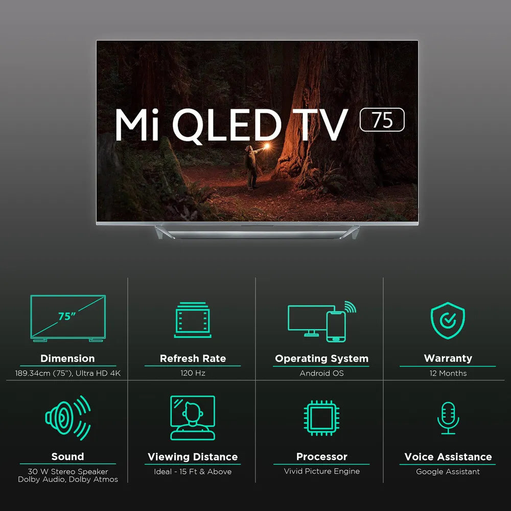 (Pre-Owned, Excellent) Mi Q1 (75 inch, 190cm) QLED 4K Ultra HD Android TV With Full Array Local Dimming (Gray) (120 Days Warranty) (Available in Delhi Only!) (With Table Stand)